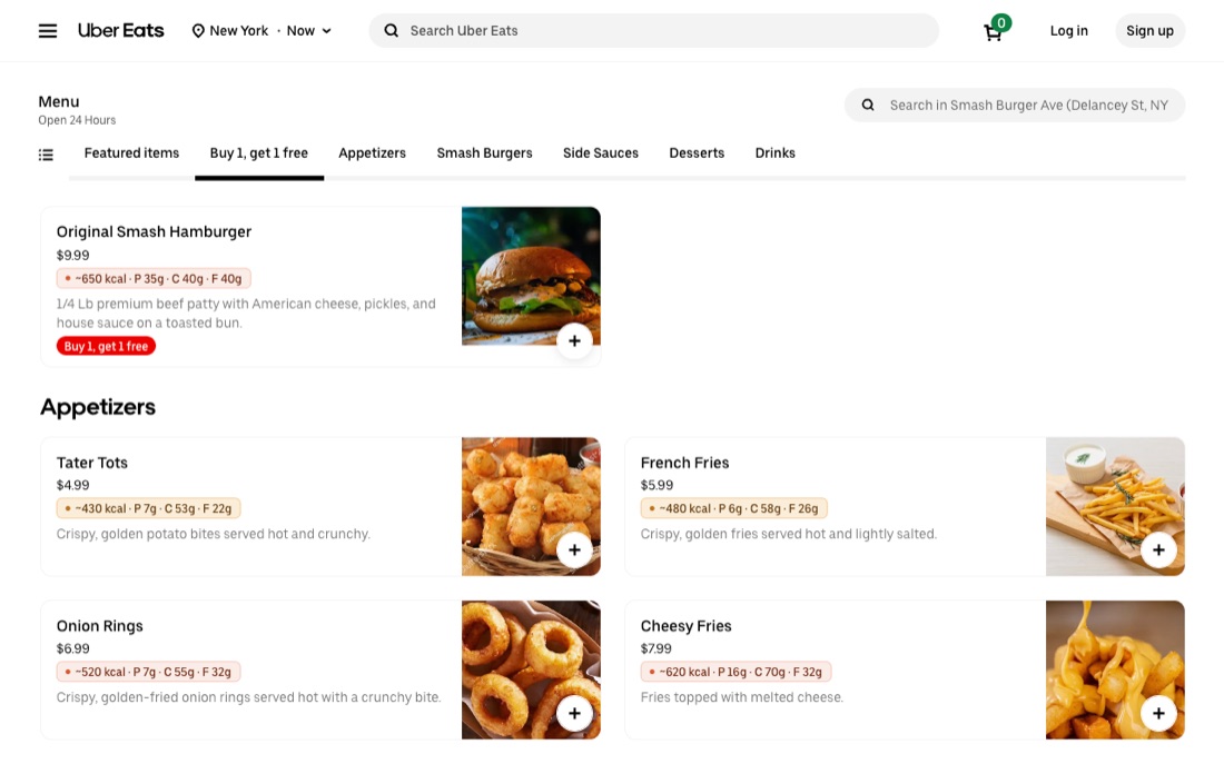 Calorie estimates displayed on Uber Eats burger dishes